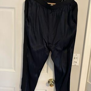 Navy blue shiny pants with black stripe on side and ankle zipper